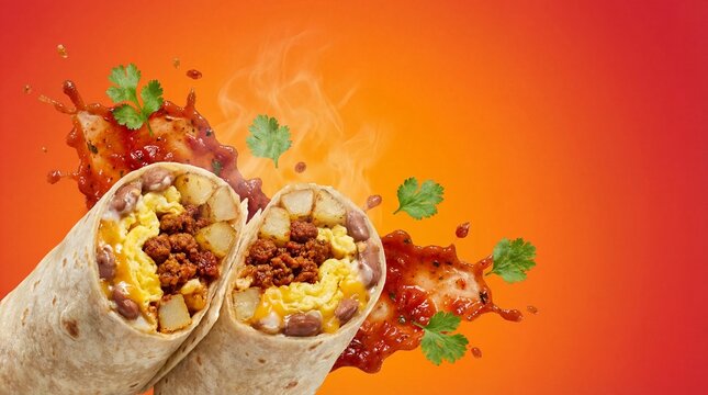 Two breakfast burritos with eggs, chorizo, potatoes, and beans on a vibrant orange background