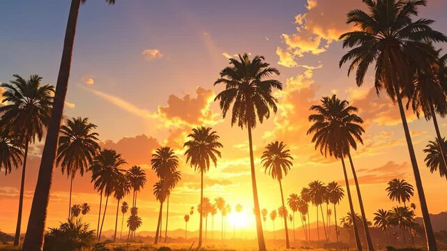 Pixelated Palm Trees Silhouetted Against Sunset Sky Displaying Orange Hues and Atmospheric Clouds