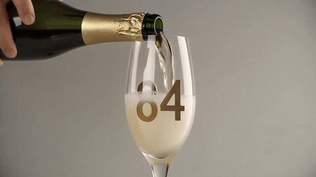 Glass engraved with the number 84. Champagne bottle fills the glass with alcohol. Celebrating milestone, anniversary or birthday
