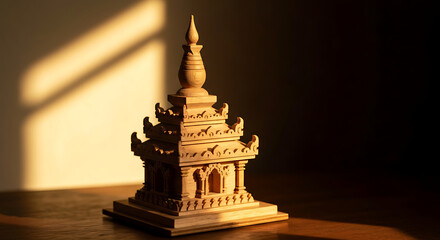 Traditional Wooden Buddhist Temple Miniature Sculpture with Intricate Carvings and Golden Light