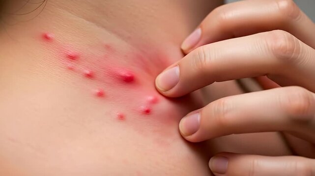 CloseUp Macro Of A Person's Neck Showing Red Inflamed Pustules And Acne Lesions Being Touched By A Finger With Natural Lighting And Soft Focus Background Focusing On Skin Imperfection