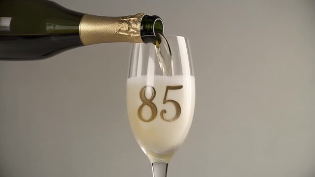 Glass engraved with the number 85. Champagne bottle fills the glass with alcohol. Celebrating milestone, anniversary or birthday