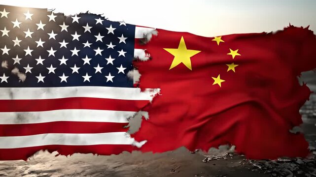 Political emblem rivalry: US , China flag, national insignia, symbolic cloth, diplomatic challenge, economic divergence, strategic opposition, international stance, hegemonic impact, world scene