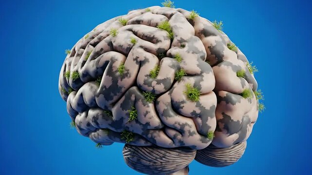 Human Brain Model Covered In Green Moss And Lichen Against A Vibrant Blue Gradient Background With Detailed Textures And Lighting Highlighting The Brains Intricacies And