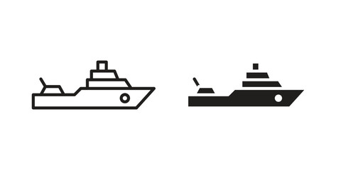Warship icons. Solid black silhouette and line art outline. Minimal design element, © iconic
