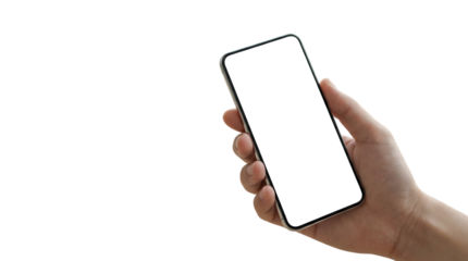 手元に提示されたフレームレススマートフォンの白い画面を強調したミニマルなデジタルモックアップ｜背景なし・透過PNG・コピースペース