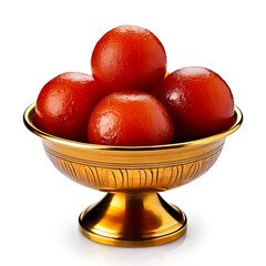 Front view of a golden dessert bowl filled with delicious-looking Gulab Jamun, isolated on a white background in the style of food photography