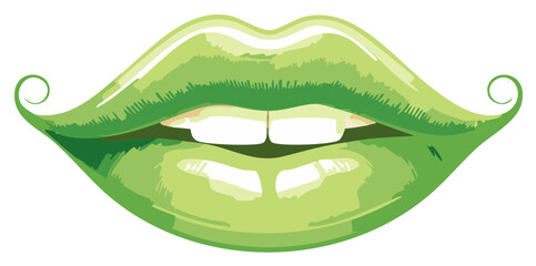 Fototapeta premium Stylized green lips with swirly details illustration for fashion and beauty