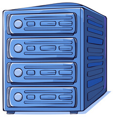 Cartoon illustration of a blue server cabinet, modern data storage concept.