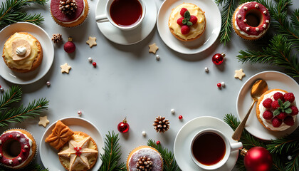 photograph of Christmas desserts including cookies, cakes, and hot drinks