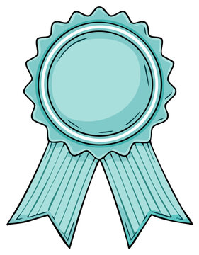 Cartoon illustration of a blue rosette award with ribbons, a badge or symbol of achievement.