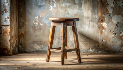 &ldquo;Wooden stool in rustic room with textured wall and moody lighting&rdquo;