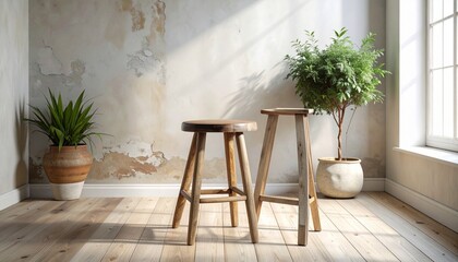 &ldquo;Wooden stool in rustic room with textured wall and moody lighting&rdquo;