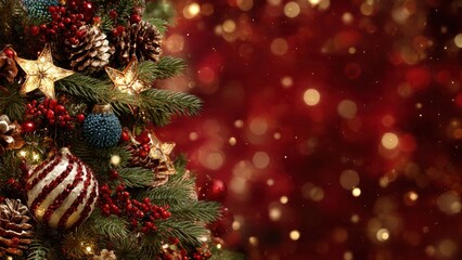Elegant Christmas tree border with glowing golden star, pine cones, red berries, and classic striped bauble against a rich red bokeh background with festive copy space for holidays.
