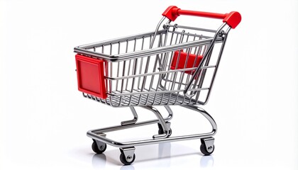 &ldquo;Empty metal shopping cart with red handle on white background&rdquo;