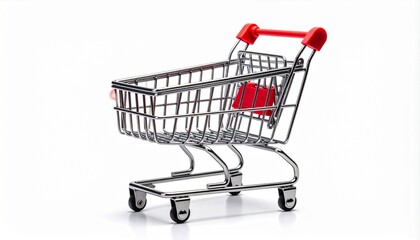 &ldquo;Empty metal shopping cart with red handle on white background&rdquo;