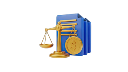 Golden Balance Scale Weighing a Coin with Dollar Sign Beside Blue Documents Representing Finance and Justice Concept