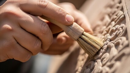 Naklejka premium Delicate handcrafting, artisan meticulously brushing stone carving artwork