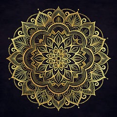Naklejka premium Elaborate Golden Mandala with Detailed Floral Motifs on a Dark Textured Background intricate