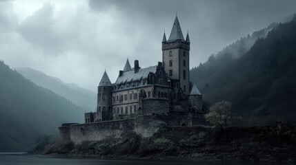 Naklejka premium An old castle stands alone by the river. Its stone walls are gray and worn. Dark clouds cover the sky and hills rise in the background creating a gloomy scene.