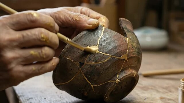Artisan hands are carefully applying gold lacquer to repair a broken pottery bowl using the traditional japanese kintsugi technique, highlighting the art of imperfection and restoration