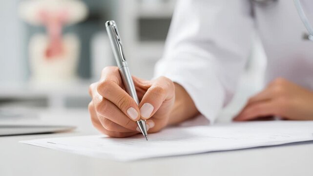 Doctor hands writing on paper document at a desk. Healthcare research, schedule app and clinic planning. Medical person on digital technology and journal for telehealth, notes and reminder or planner
