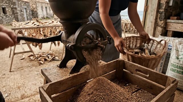Two workers are manually grinding dried fish, transforming them into organic fish meal fertilizer in an outdoor setup with traditional stone buildings and bags of soil amendment visible nearby