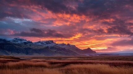 A beautiful sunset over a mountain range with a cloudy sky. The sky is orange and pink, and the mountains are covered in snow. The scene is serene and peaceful, with the sun setting in the distance