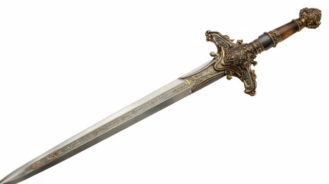 Decorative medieval sword with intricate golden lion hilt and engraved blade, realistic style, isolated on white, concept of fantasy weapon