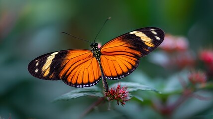 Fototapeta premium Butterfly with orange wings resting on flower in a garden during daytime