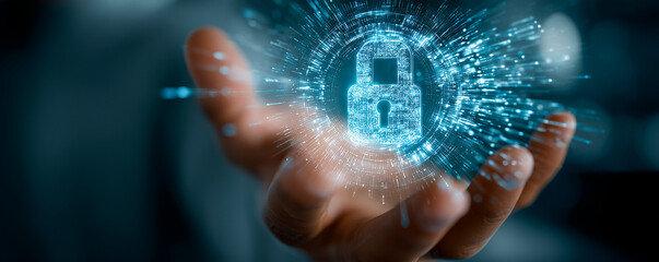 Digital Security Concept with Hand Holding Transparent Lock Symbol Illustrating Cyber Protection and Technology Innovation in a Modern Environment