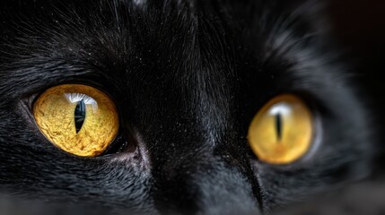 Close look at the eyes of a black cat with yellow pupils showing details of the surroundings in the background
