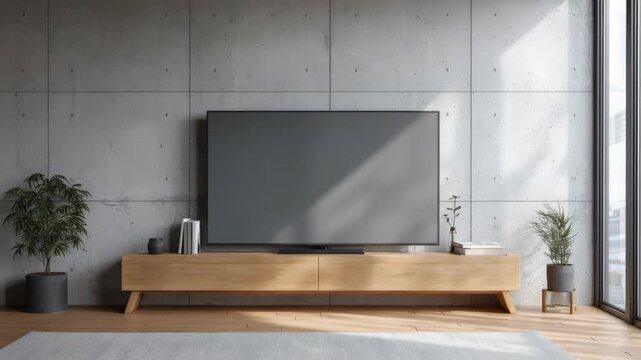 Flat screen TV on wooden stand, modern minimalist style, concrete wall background, cozy home interior concept, natural daylight