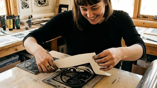 Smiling woman artist revealing a freshly pressed linocut print, creating handmade artwork from an inked block in her home studio, celebrating creativity