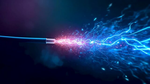 High voltage electric arc bursting from cable end with blue lightning energy on dark background