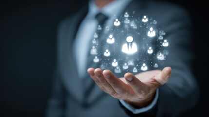 Businessman holds digital network of people while discussing teamwork in a corporate setting in the evening