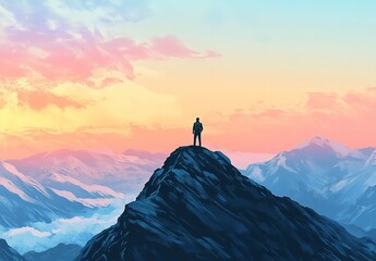 Person standing on mountain peak at sunset, overlooking breathtaking landscape of snow-capped mountains and vibrant sky.