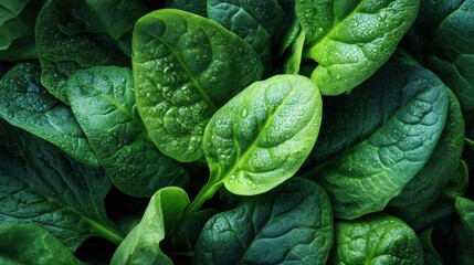 A bunch of green spinach leaves with water droplets on them. The leaves are fresh and vibrant, giving off a healthy and natural vibe