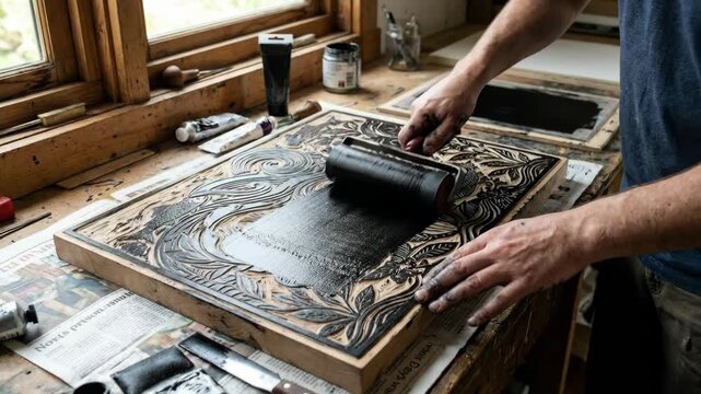 Artist hands rolling black ink onto a carved woodblock print using a brayer, preparing to create an artwork in a creative studio setting, highlighting traditional printmaking techniques