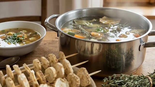 Large pot of simmering broth with vegetables and herbs sits on a wooden table next to a finished bowl of soup, prepared celery root skewers, and dried herbs ready for cooking