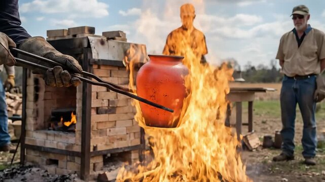 Potter extracting a glowing hot vessel from the kiln and placing it into a metal container with combustible materials, creating a large flame, during a traditional outdoor raku firing process