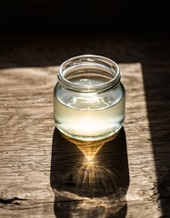 Natural light illuminates a glass jar of liquid on wood, casting intricate caustic shadows.