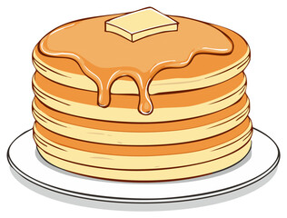 Stack of pancakes with maple syrup and butter on a white plate