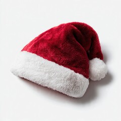 Classic luxurious red Santa Claus hat with white faux fur trim and pom-pom isolated on a clean white background. Essential holiday Christmas season accessory.
