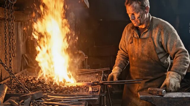 Male blacksmith holding tongs with hot glowing metal, sparks flying from the anvil while shaping it in a traditional dark workshop, illuminating the workspace with expertise