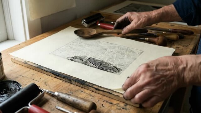 Artist's hands pressing a wooden spoon onto paper, transferring ink from a meticulously carved linocut block onto the surface, creating an intricate handmade print in a workshop