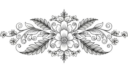 Intricate black and white floral ornament with detailed leaves and swirling vines, centered around a prominent flower.