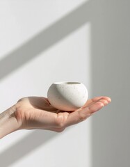 Hand holding a minimalist speckled ceramic pot in bright sunlight with shadow play