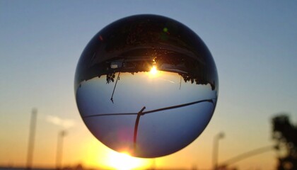 クリスタルボール 海 ビーチ 砂 夕日 太陽 光 反射 逆さ 幻想的 マクロ 焦点 温暖 冷たい 対比 魔法 輝き ロマンス 穏やか