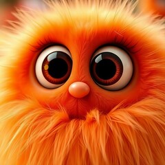 A close-up portrait of a cute, fluffy orange creature with wide, cartoon-style eyes.